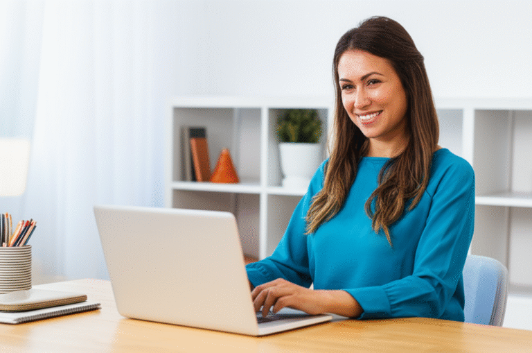 Foco e Concentração no Home Office Mulher sorrindo concentrada em seu trabalho em um ambiente de home office calmo
