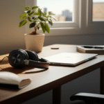 Espaço de trabalho em casa organizado e sensorialmente amigável