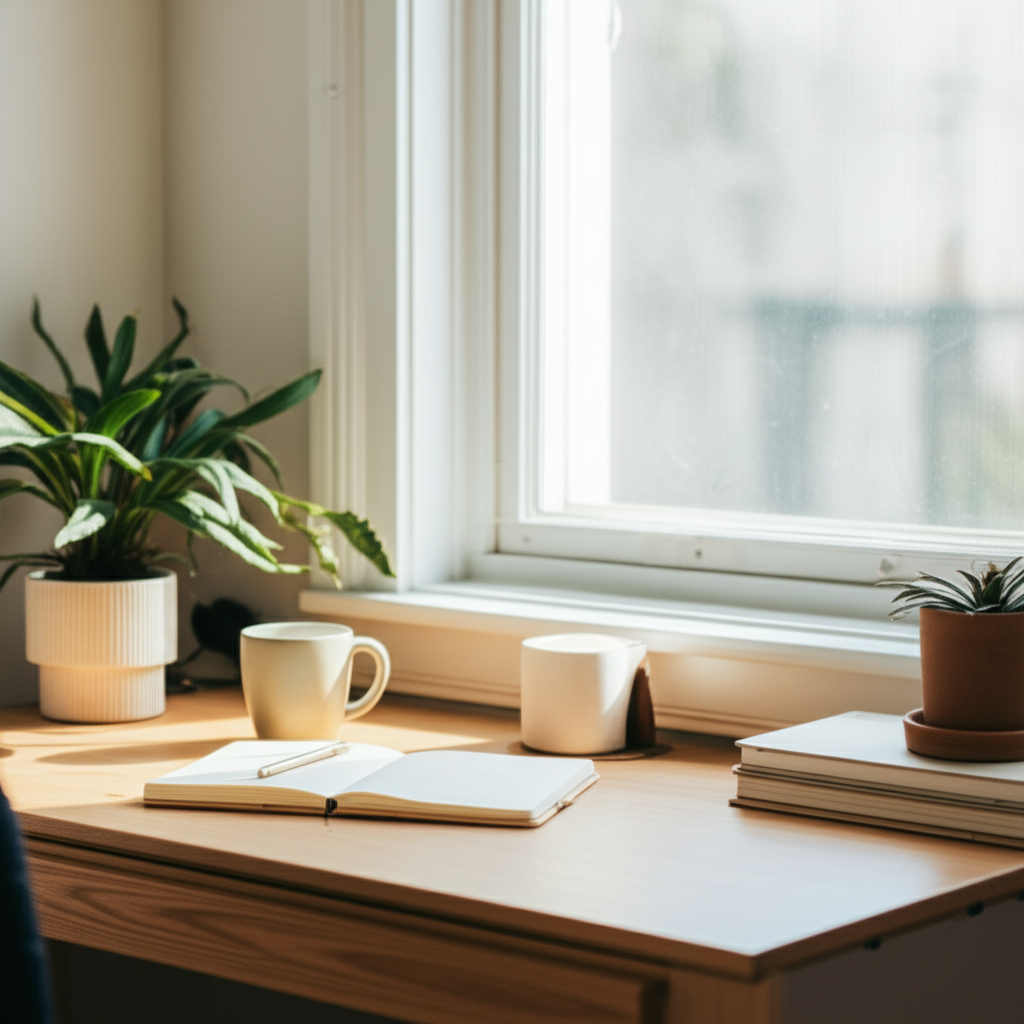 Escritório em casa minimalista com iluminação suave
