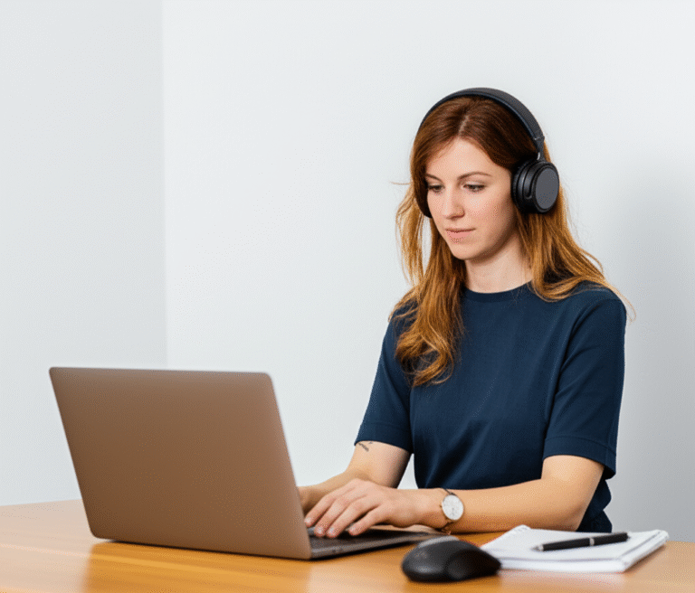 Gerenciando a Comunicação no Trabalho Remoto Mulher introvertida trabalhando remotamente usando fones de ouvido